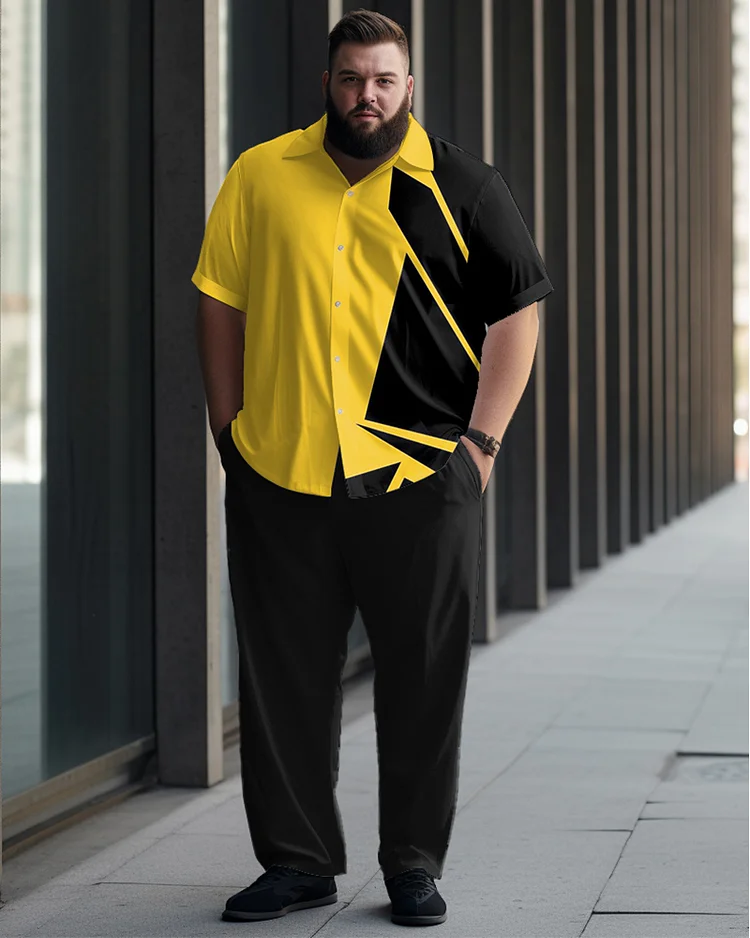 Men's Large Size Simple Geometric Pattern Color Matching Short Sleeve Shirt Shorts Set
