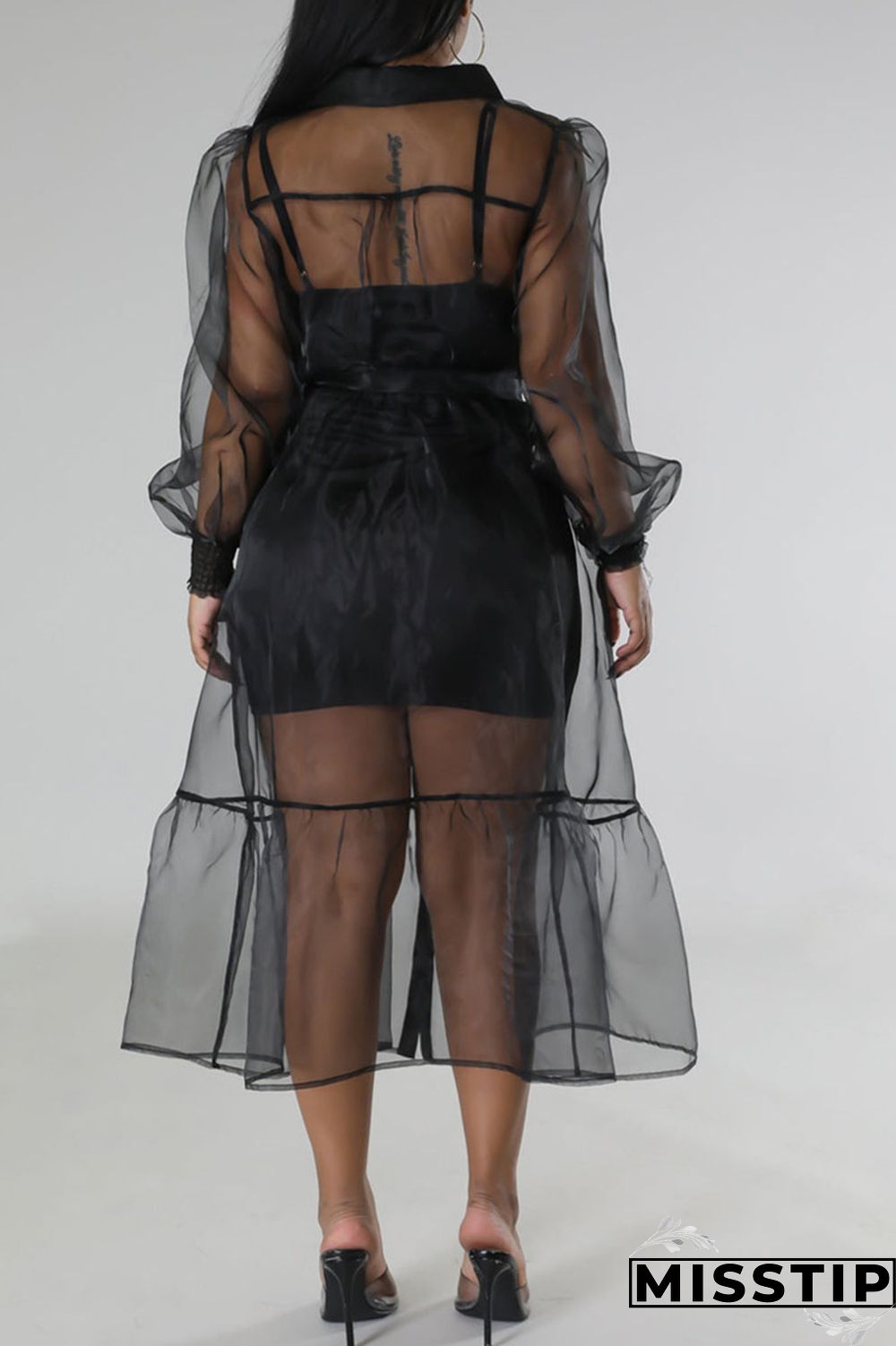 Black Casual Solid Patchwork Buckle Turndown Collar Long Sleeve Two Pieces