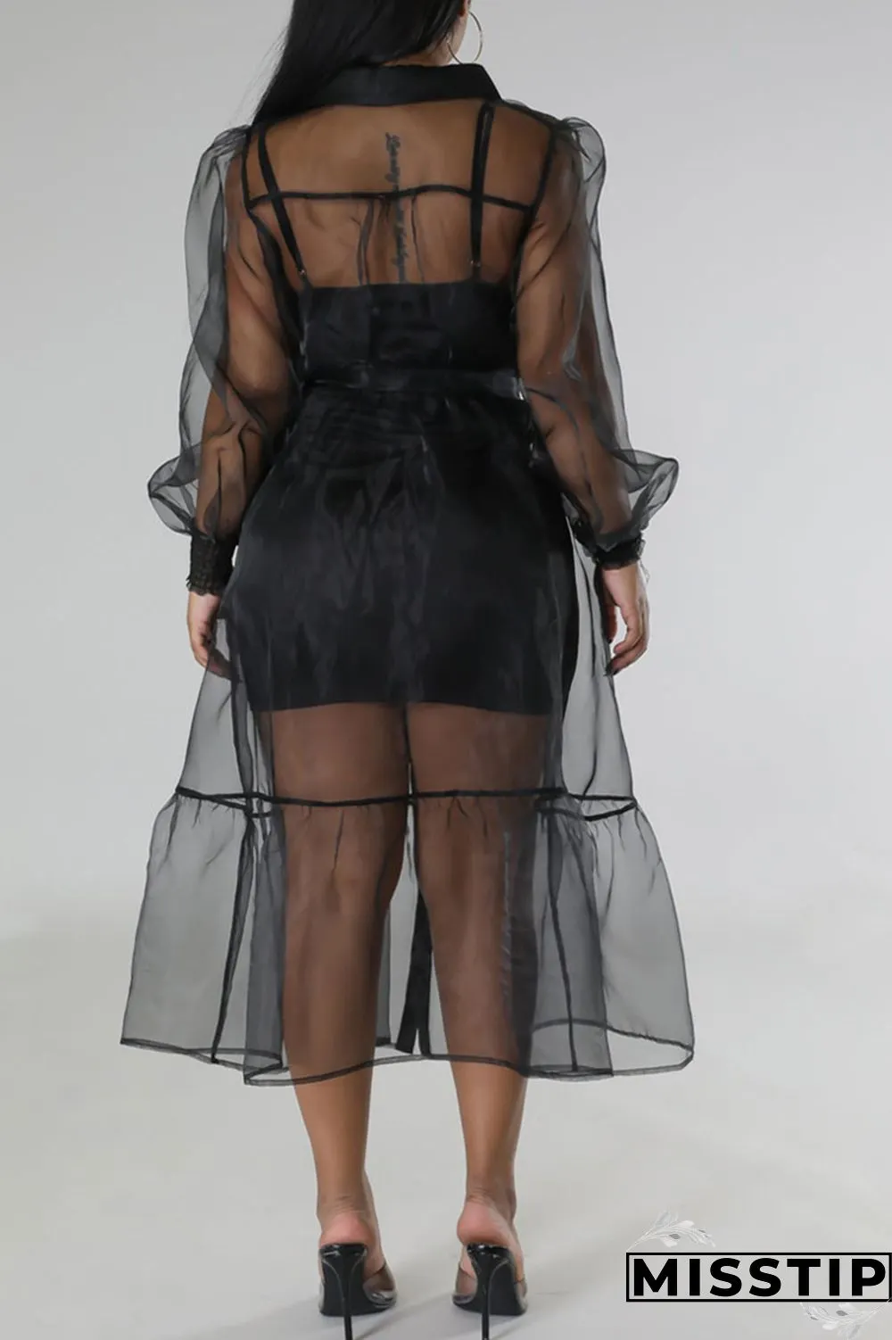 Black Casual Solid Patchwork Buckle Turndown Collar Long Sleeve Two Pieces