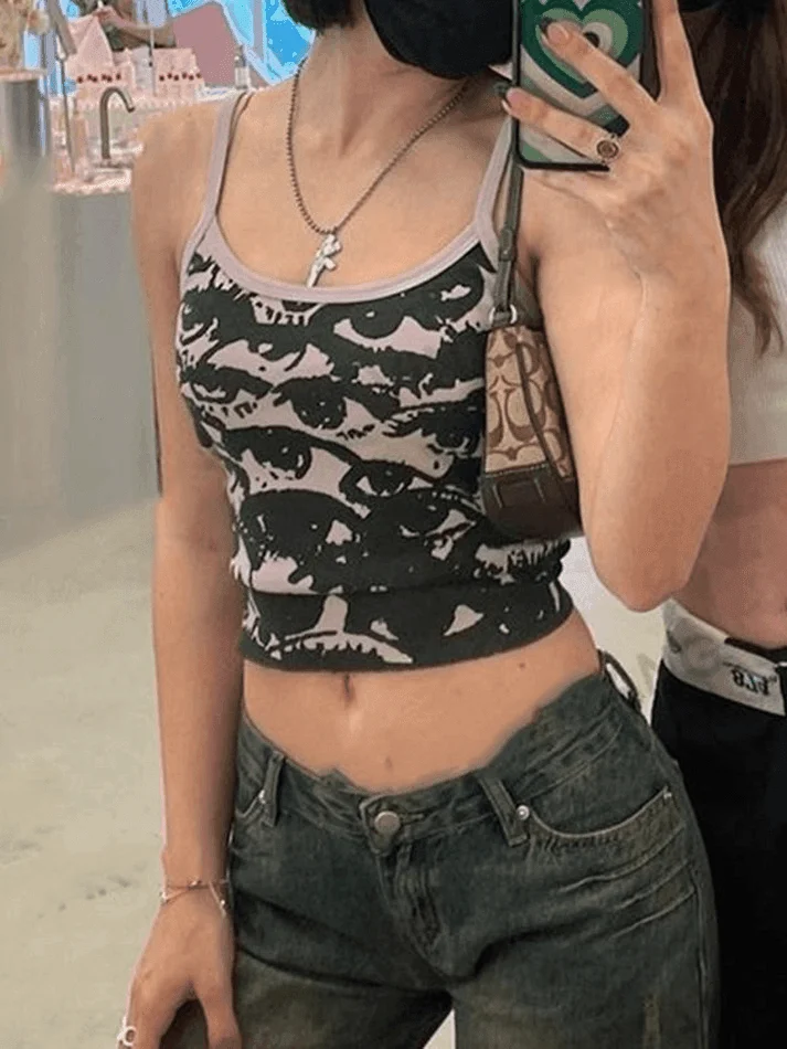 Brownm Screen Eye Print Crop Cami Top