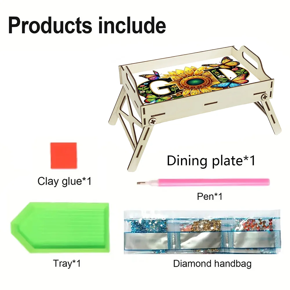 5D DIY God Diamond Painting Wooden Serving Tray with Handle for Coffee Table