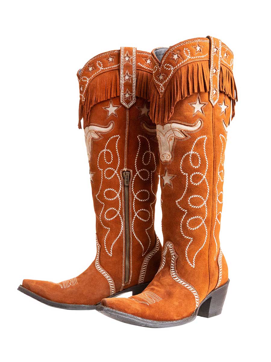 Tan Faux Suede Embroidered Heels Fringe Knee High Cowgirl Boots