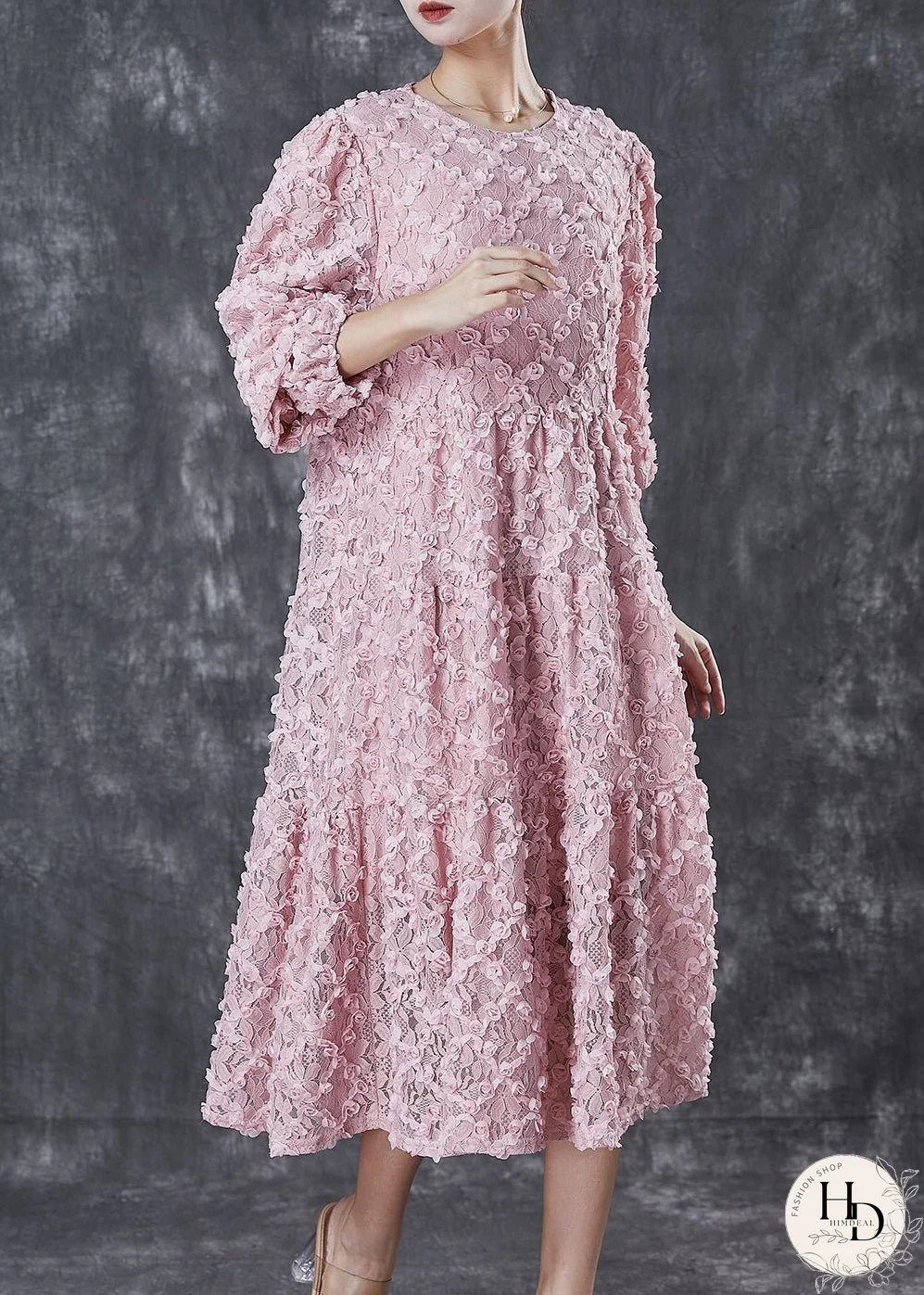Women Pink Stereoscopic Floral Silk Vacation Dresses Spring