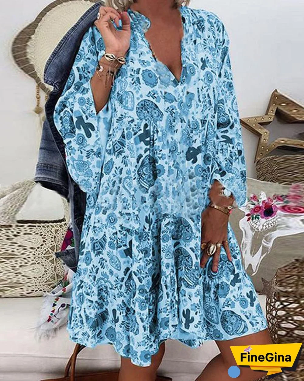 Women's Plus Size Print Mini Dress Casual Loose Dress Beach Party Dress