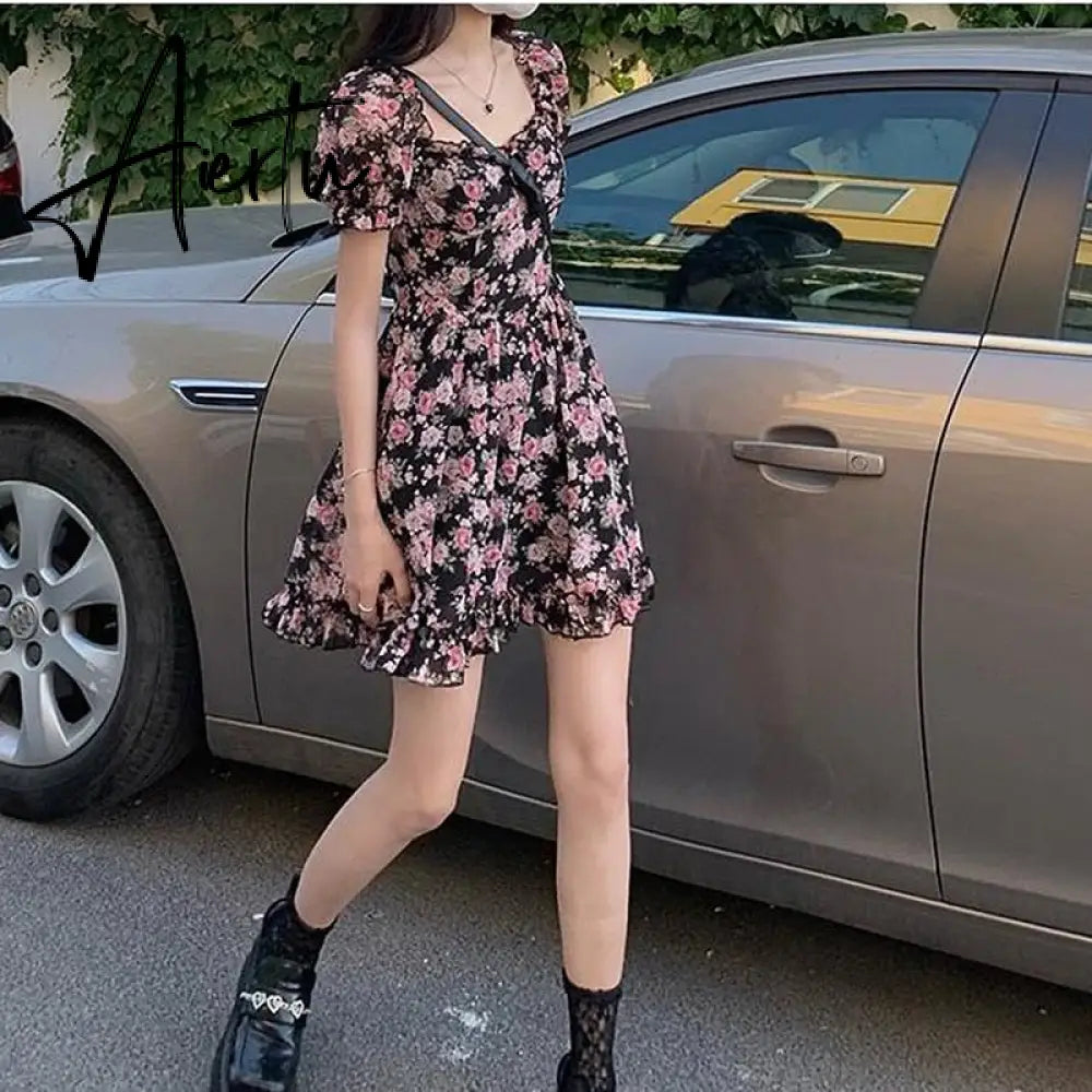 Summer Floral Dress Mini Women  Puff Sleeve Dress Vintage Rose French Square Collar Chiffon A-line Short Sleeve Femme Clothes Aiertu