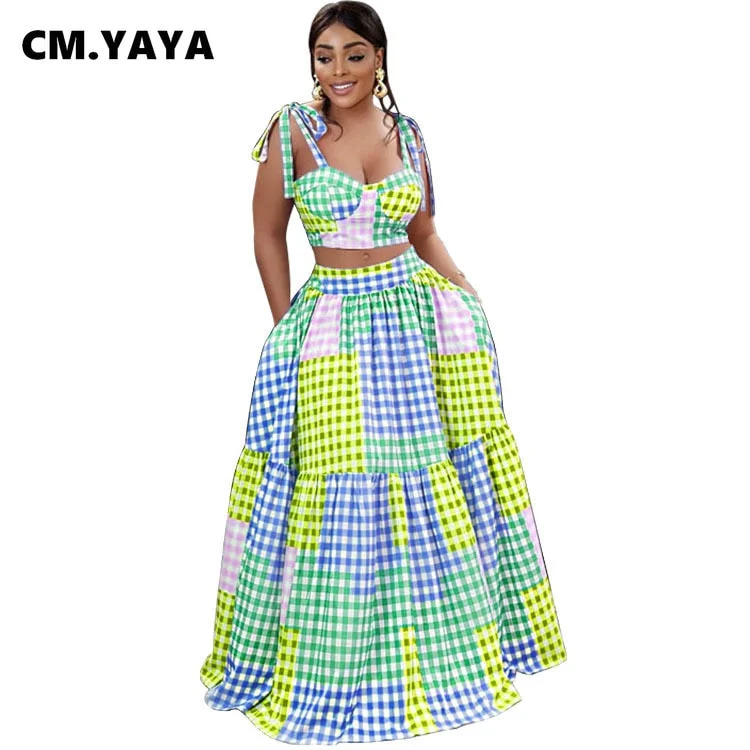 CM.YAYA Women Colorful Plaid Maxi Long Big Swing Skirts Suit and Crop Tops Matching Elegant Two 2 Piece Set Outfits 2022 Summer
