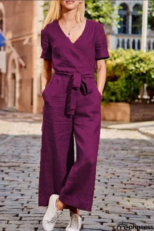 Loose Linen Wrap Jumpsuit