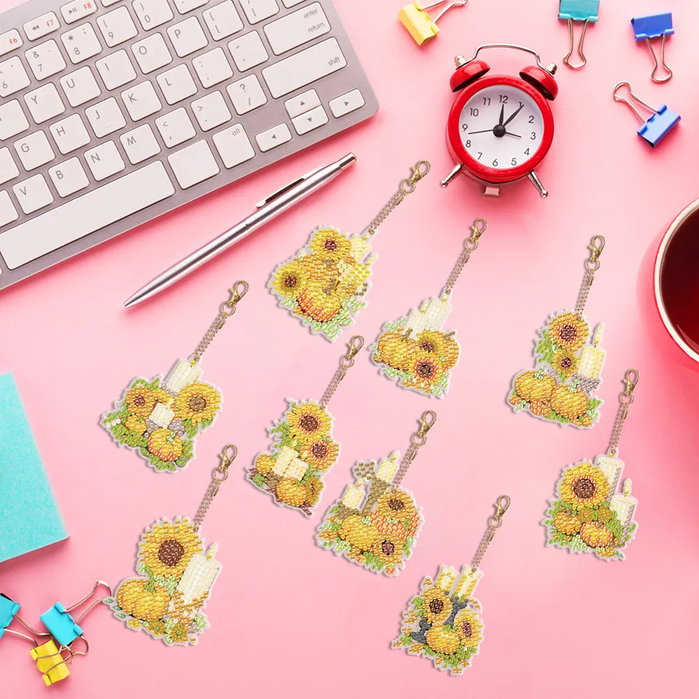 9pcs DIY Pumpkin Sunflower Candle Double Sided Special Shape Diamond Painting Art Keychains Pendant