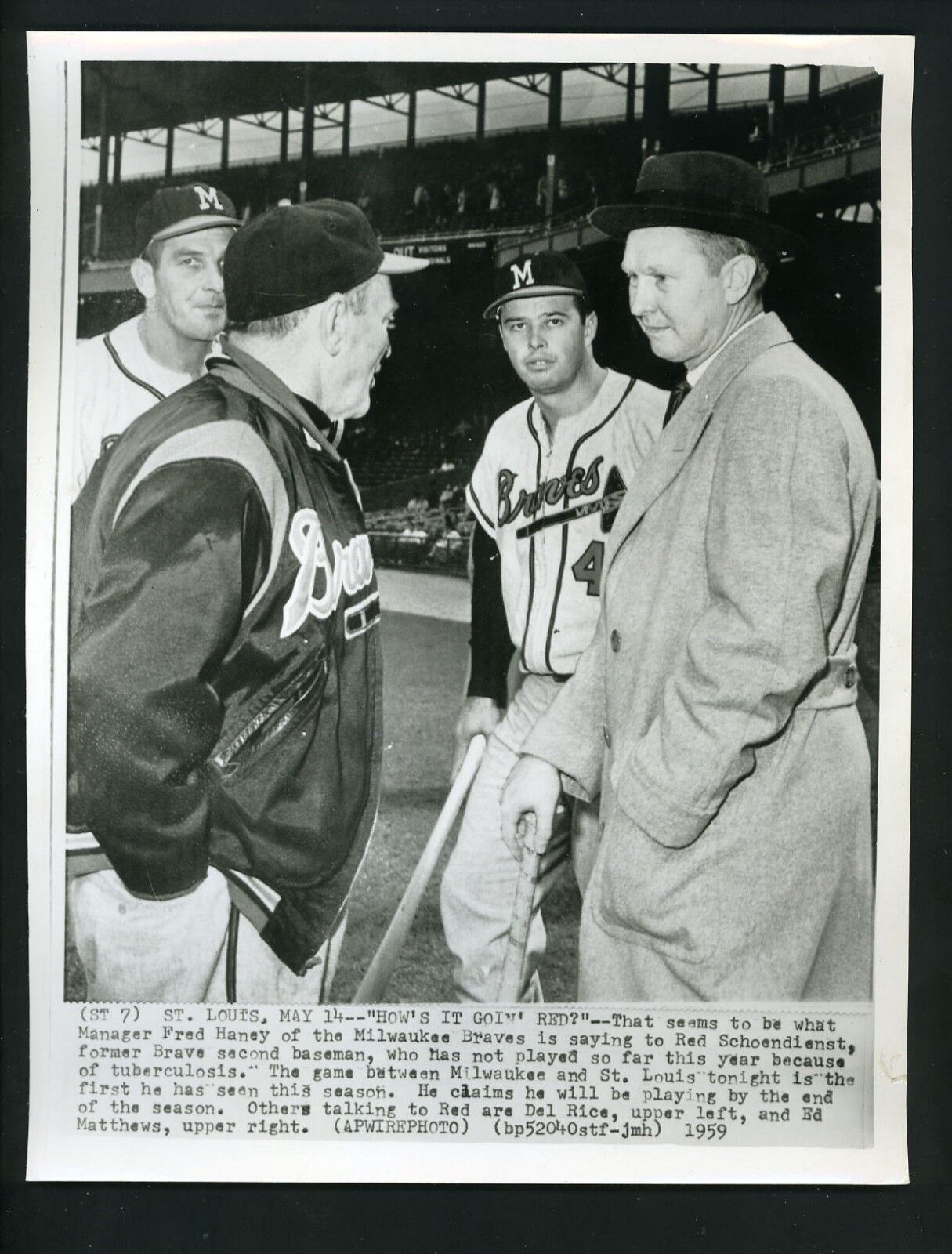 Red Schoendienst Eddie Mathews Fred Haney 1959 Press Photo Poster painting Milwaukee Braves