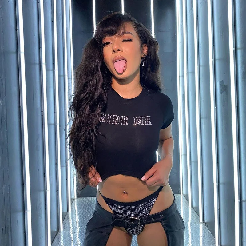 Brownm Brownm INS Summer New Women's Fashion Round Collar Short Sleeve Letter Short Crop Slim T-Shirt Women