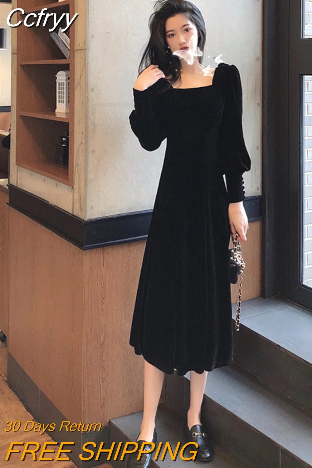 Huibahe Women Elegant Vintage Velvet Dress Long Sleeve Black Fashion French Retro  Sweet  Party  Autumn Robe