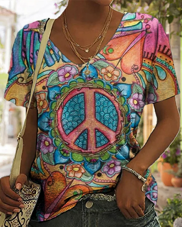 🔥kukelife🔥Peace Symbol Print Short Sleeve T-Shirt