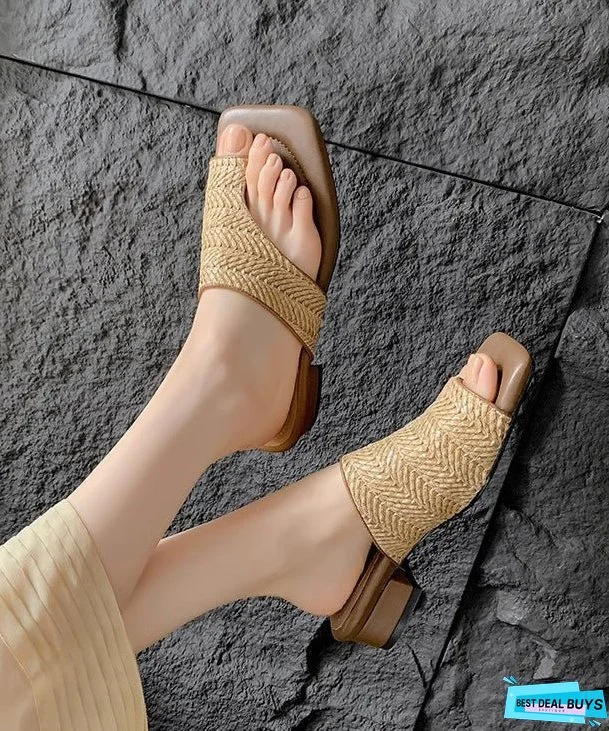 Vacation Style Apricot Woven Chunky Heel Clip Toe Slide Sandals