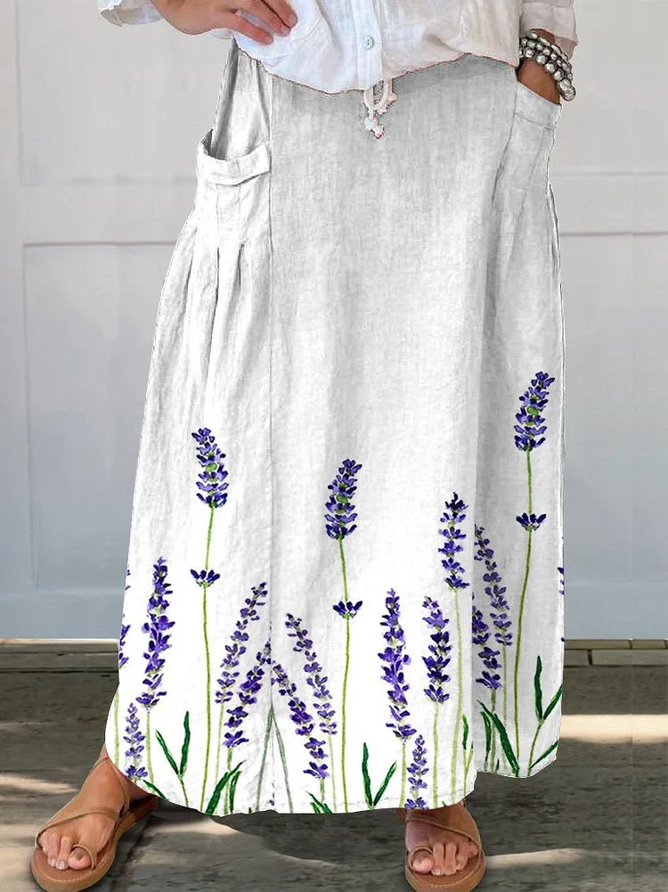 Women's  Flower Art  Print   Linen Pocket Skirt