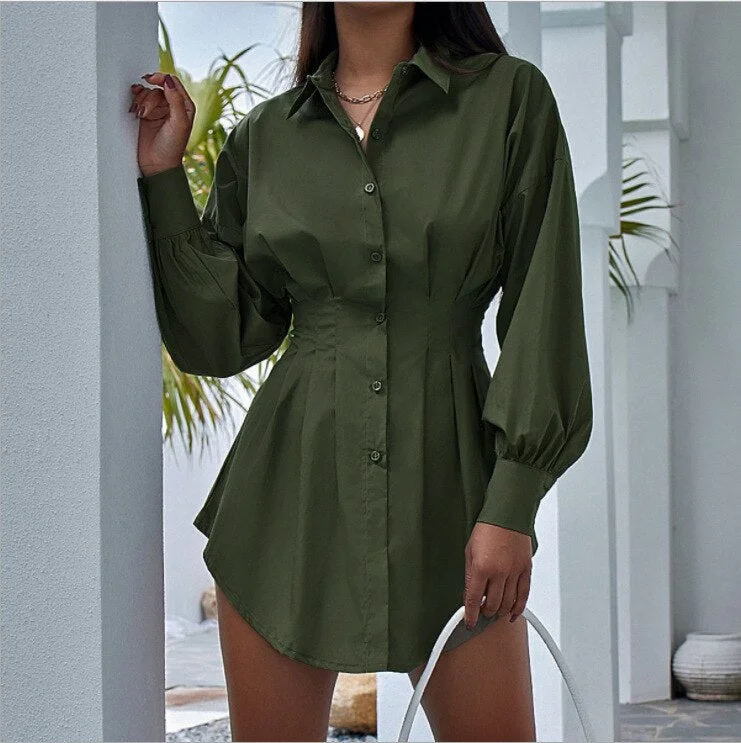 Mini Shirt DressSummer Autumn Women Long Sleeve bodycon dress Button V Neck Three Quarter Sleeve Waist Collection Blouses Dress