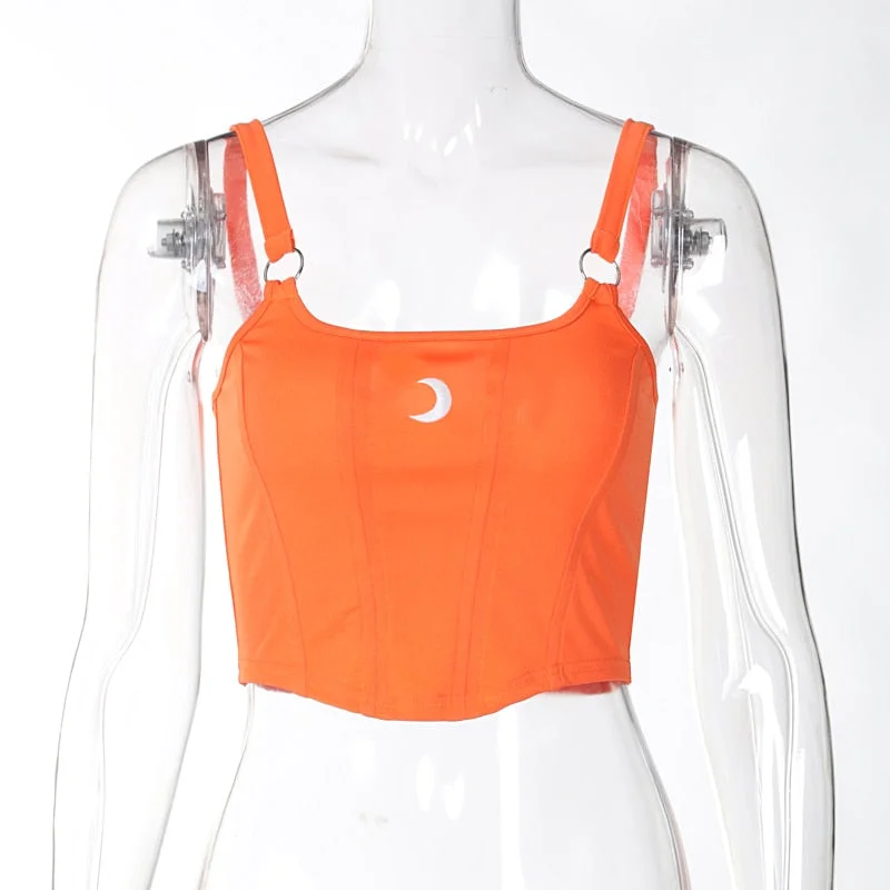 Dulzura Crescent Moon Embroidery Women Patchwork Strap Camis Corset Top Bustier Crops Sexy Streetwear Club 2020 Autumn Winter