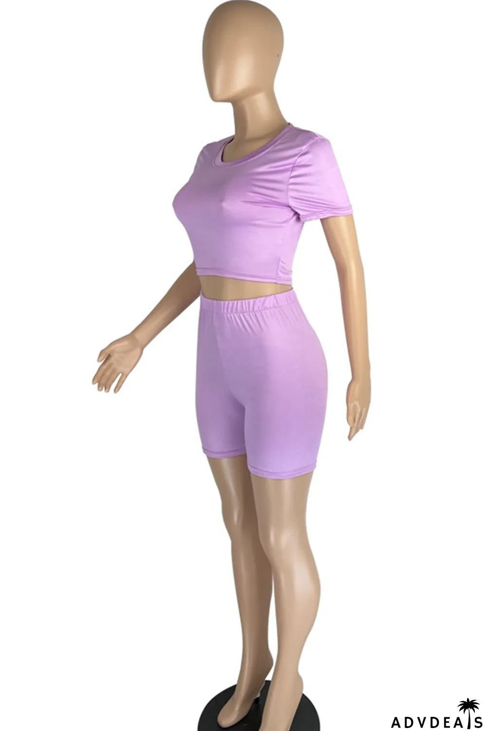 Light Purple Fashion Casual Solid Basic O Neck Short Sleeve Two Pieces