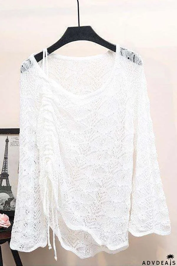 Hollow Dew Shoulder Drawstring Sweater