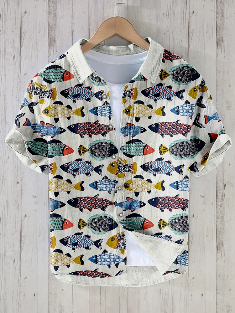 Vintage Japanese Fish Pattern Linen Blend Shirt