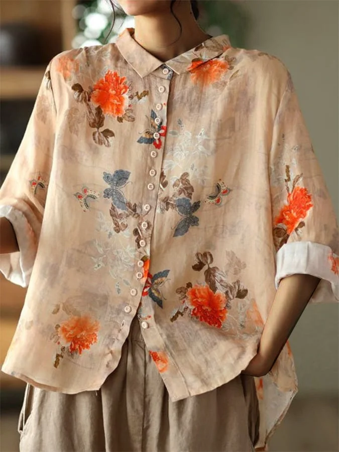 Women's Retro Heavy-Duty Printed Fine Ramie Three-Quarter Sleeve Shirt