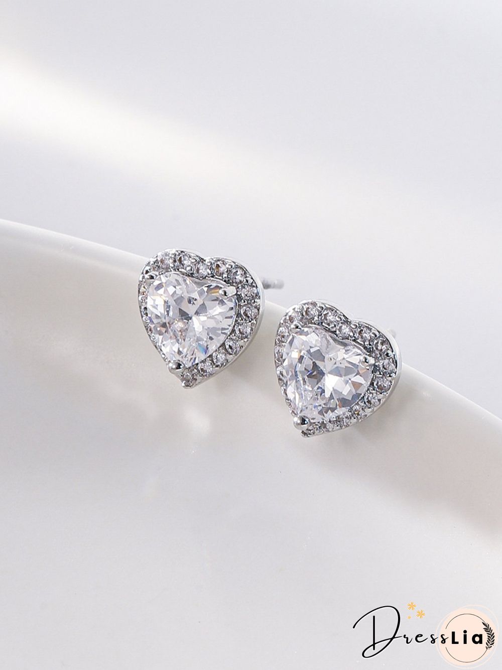 Full Diamond Pink Zircon Heart Stud Earrings Commuter Jewelry