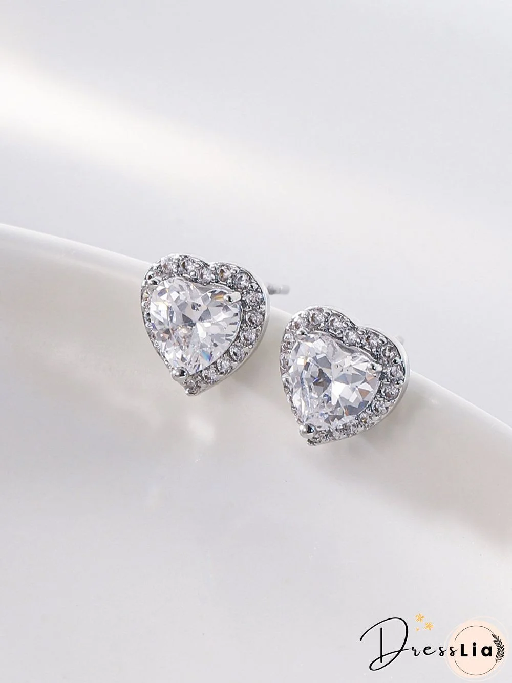 Full Diamond Pink Zircon Heart Stud Earrings Commuter Jewelry