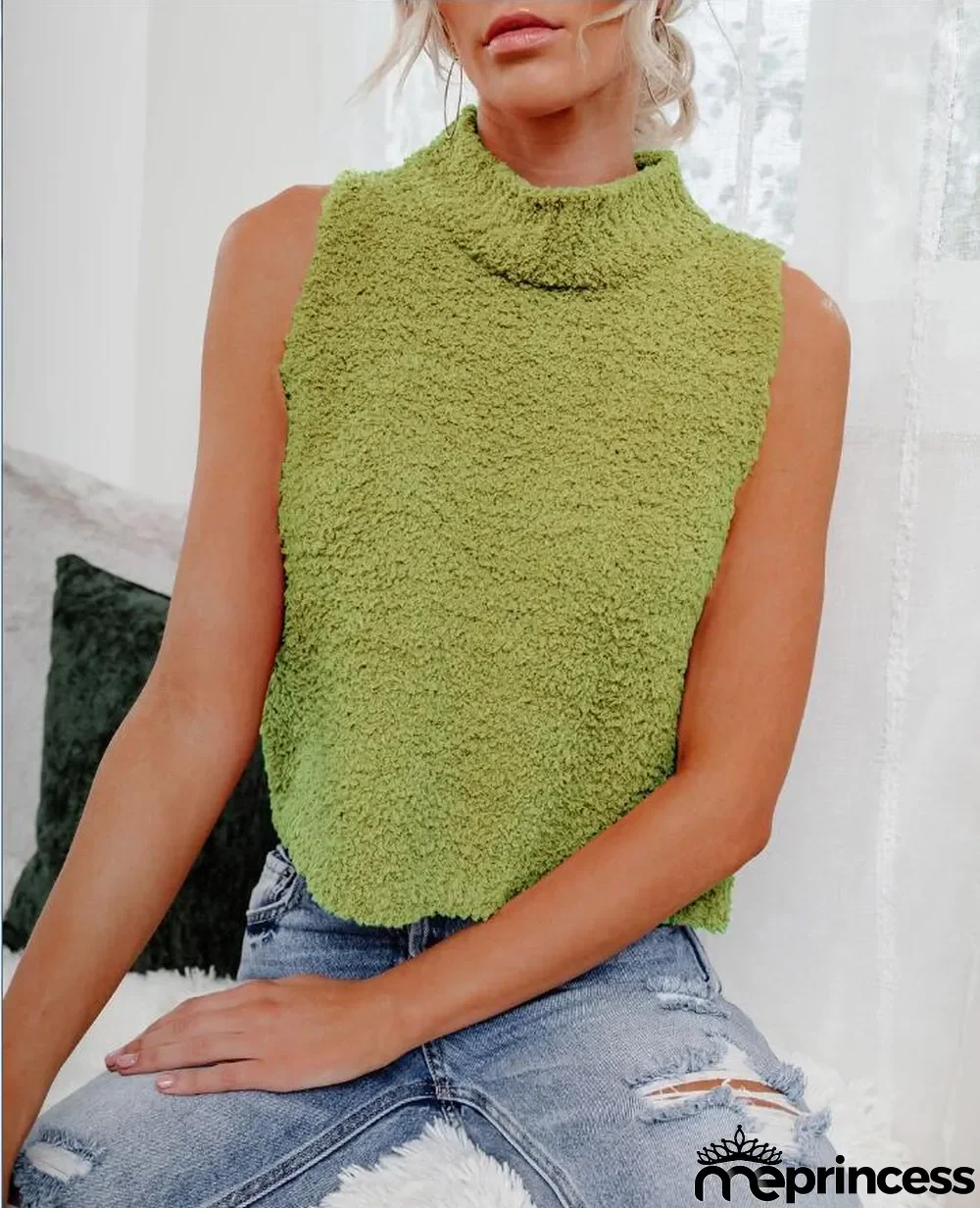 Spring Knitting Turtleneck Sleeveless Top