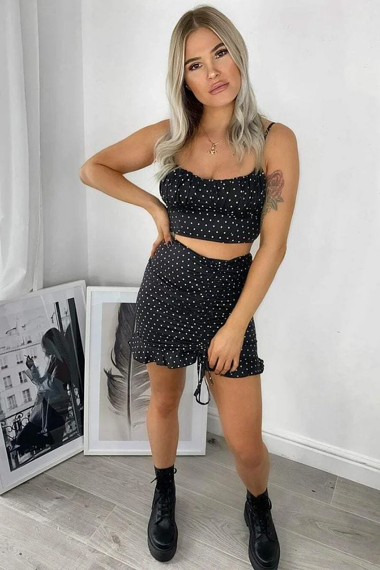 Black Ruched Polka Dot Mini Skirt Katch Me