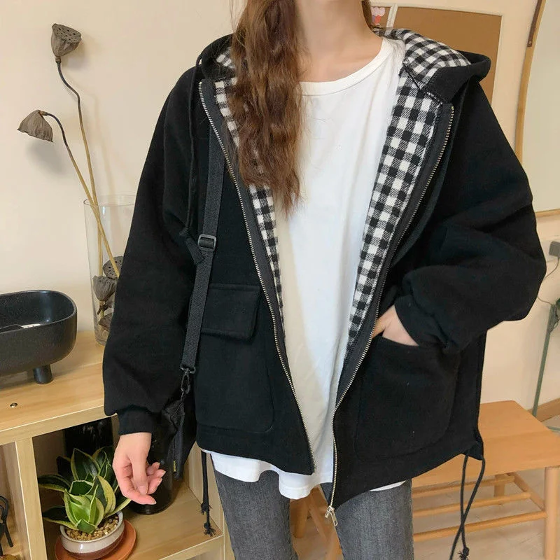 Jackets Women Plaid Hooded Chic Daily Outwear Coats Casual Ins Loose Oversize 2XL Harajuku Teens Streetwear Bomber Jacket BF New
