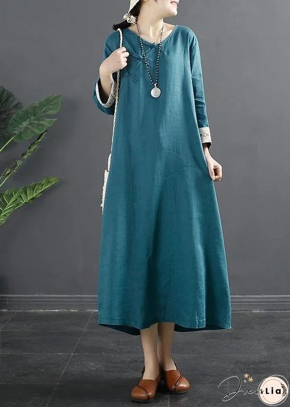 Loose Pockets Spring Tunics Runway Blue Cotton Dresses