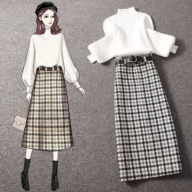 Elegant White/Yellow Sweater and Plaid Wool A-line Skirt Suit Sets SP16942