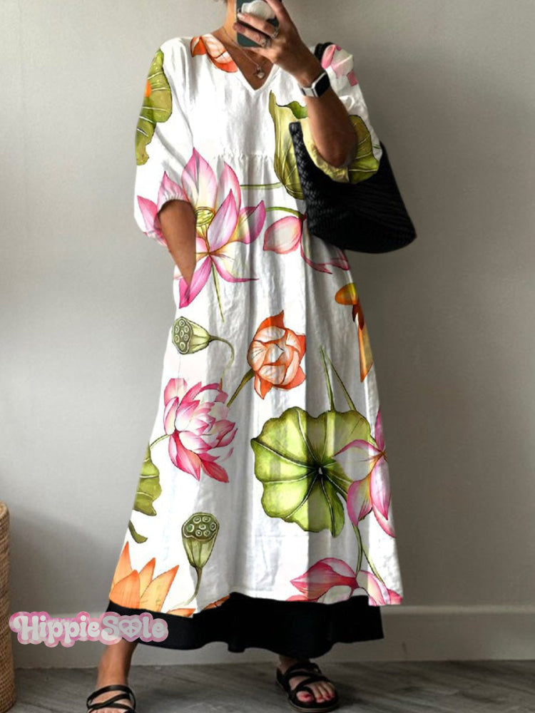 Women’s Retro Floral Print Pocket V-Neck Cotton Dress Multicolor / S