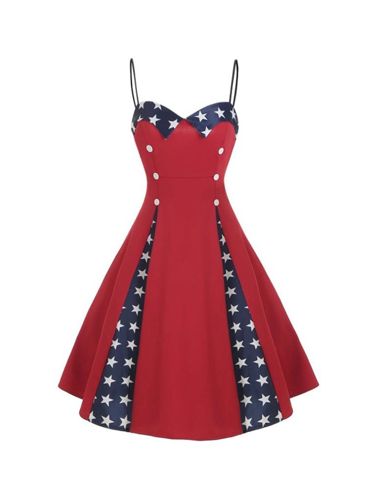 1950s Vintage Dress Flag  Contrast Button Strap Dress
