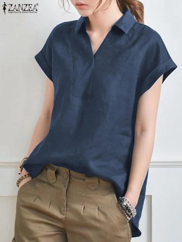 ZANZEA Summer Elegant Lapel Neck Solid Blouse Women Short Sleeve Solid Cotton Tops Casual Loose Blusas OL Work Shirt Oversize