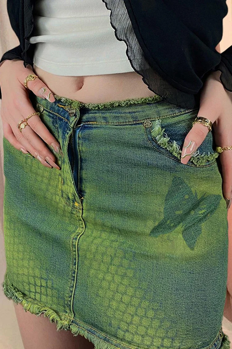 Gothic Green Casual Denim Butterfly Print High Waist Skirt