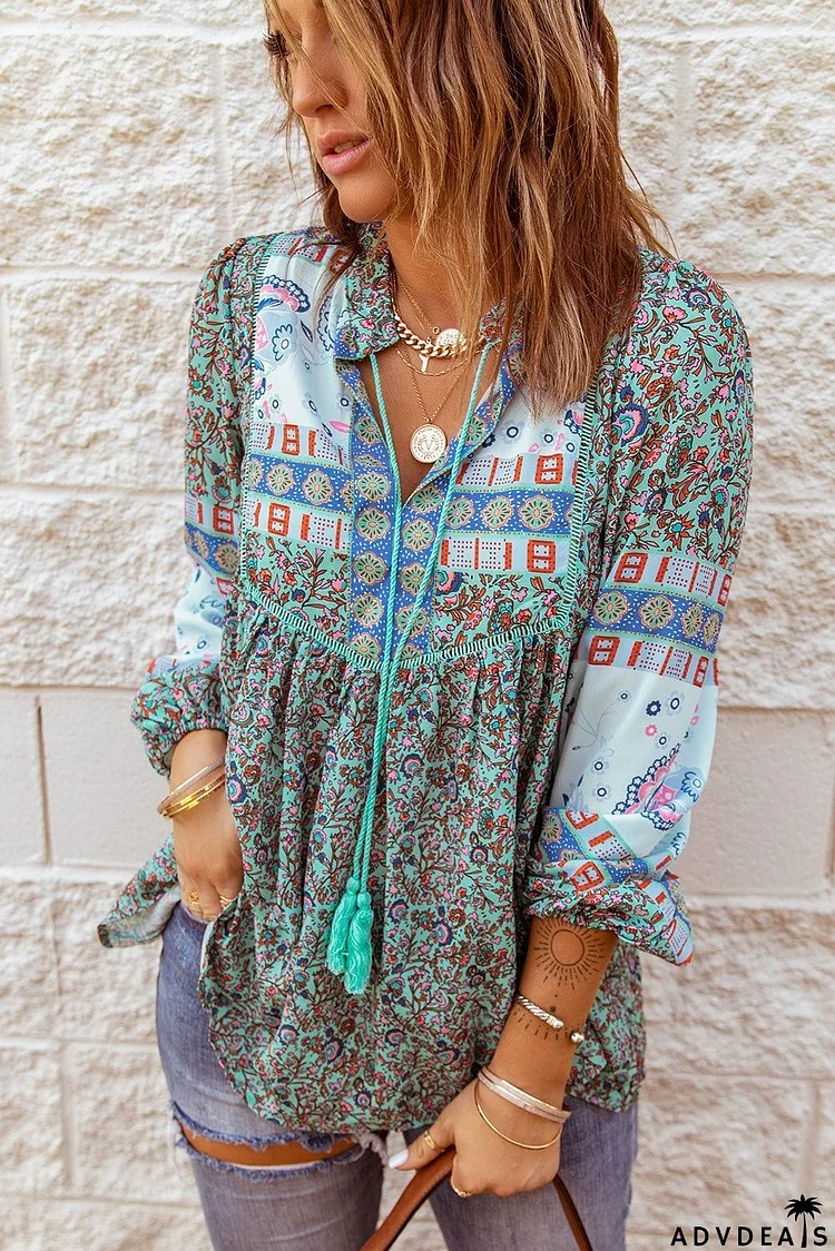 Green Split Neck Floral Blouse