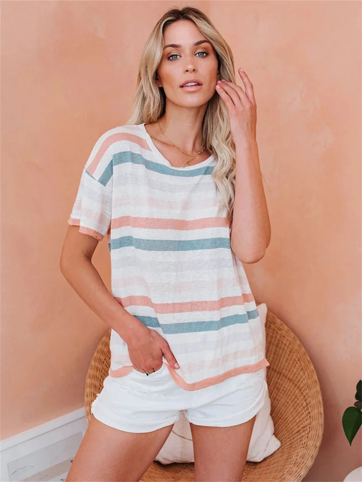 Summer New Striped Print Temperament Casual Round Neck Short-sleeved Fashion T-shirt Comfortable Casual Style S M L XL-Cosfine