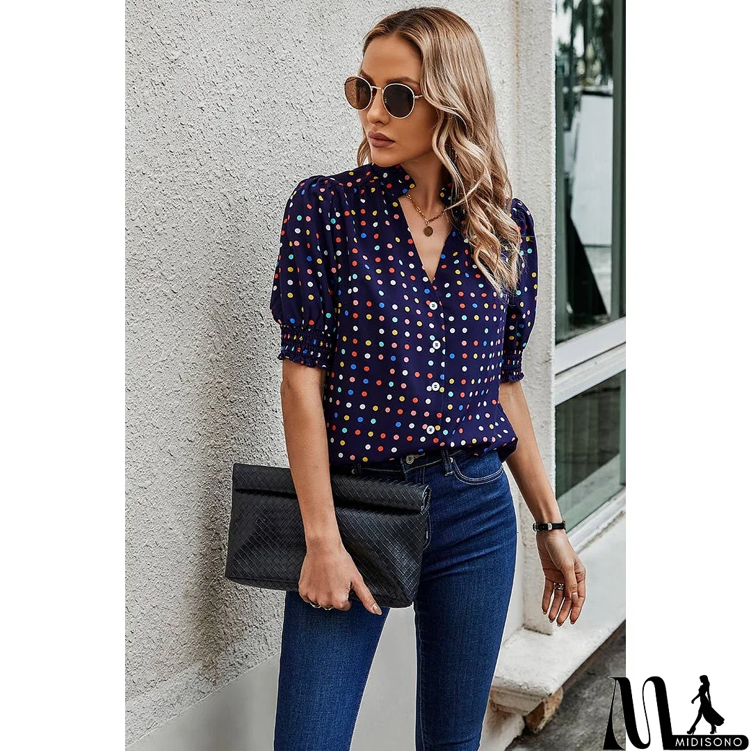 MidiSono - Polka Dot Print Puff Sleeve Button Shirt