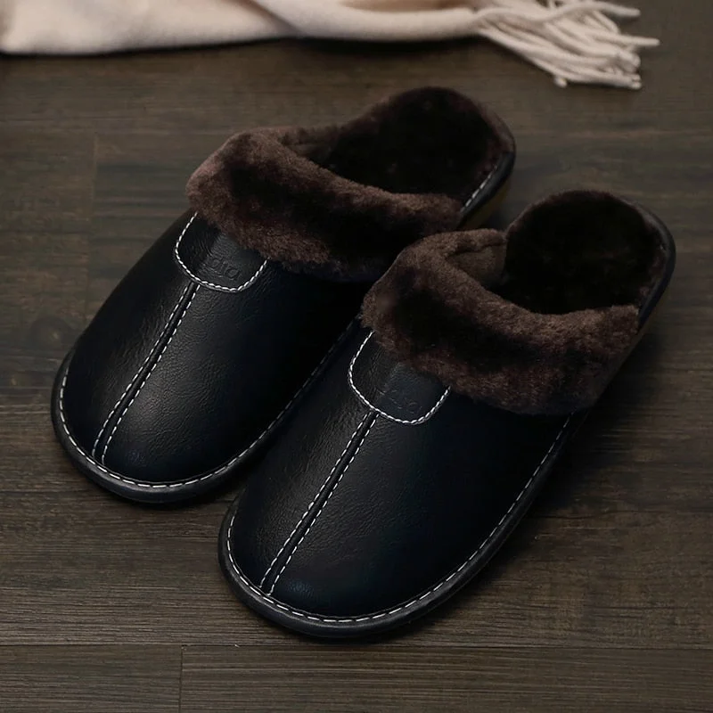 Men Winter Leather Slippers Bedroom Cotton Slippers Male Waterproof Thick Plus Velvet Indoor Warm House Home Slippers Shoes