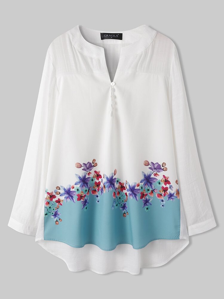Floral Print Button Half Open Collar Casual Blouse Long Sleeve Shirt P1823867