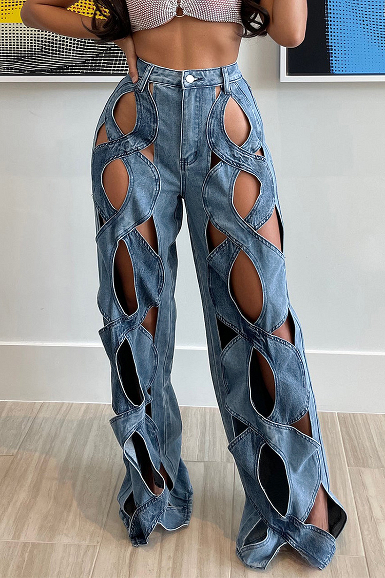 Denim Cutout Straight Leg Jeans-Blue