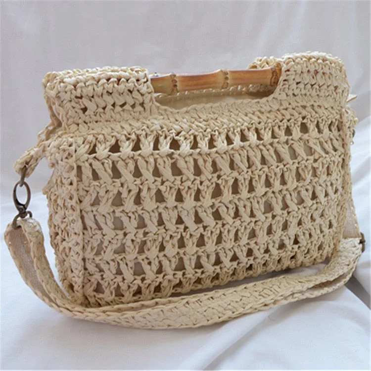 fashion bamboo handle straw bags designer women handbags luxury wicker woven shoulder bags summer beach rattan purses large tote