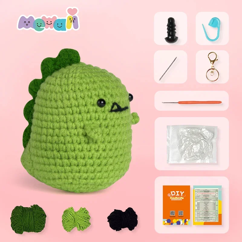 Crochet Kit for Beginners, Dinosaur Crochet Kit, Pink Green