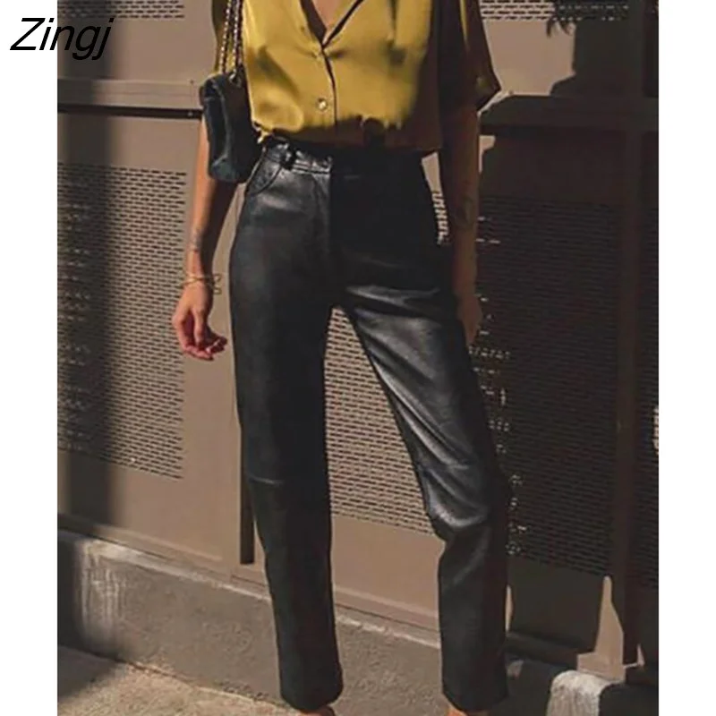Zingj 2023 high waist anlke length pants PU leather high quality pencil trousers Autumn And Winter fashion WM28001L