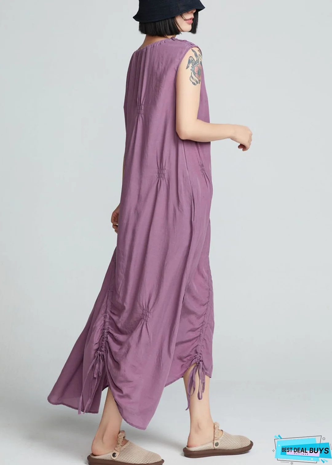 Stylish Purple Drawstring Wrinkled Cotton Long Dress Sleeveless