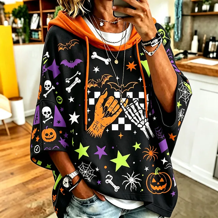 Women's Retro Halloween Themed Print Casual Hooded Sweatshirt