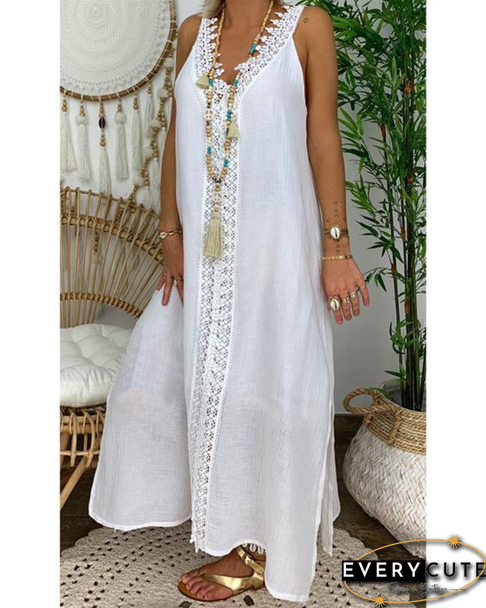 Women Solid V Neck Sling Sleeveless Lace Maxi Dress