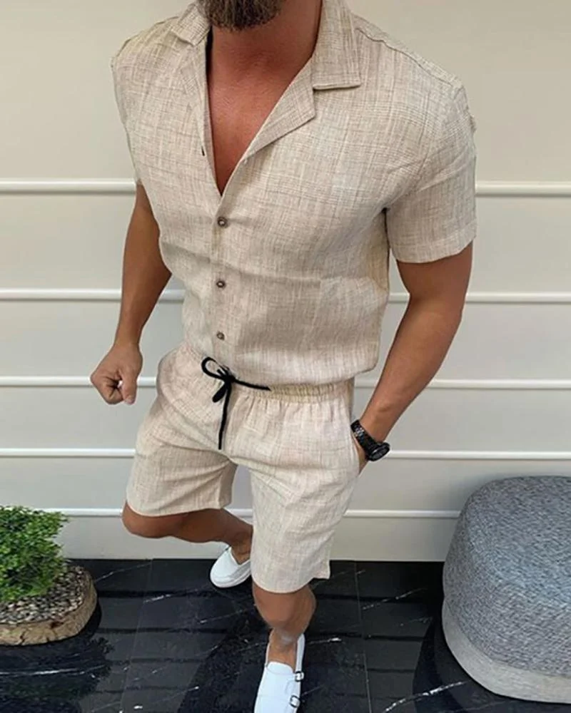 Men's Casual Light Color Suit Collar Short Sleeve Lace-up Shorts Suit