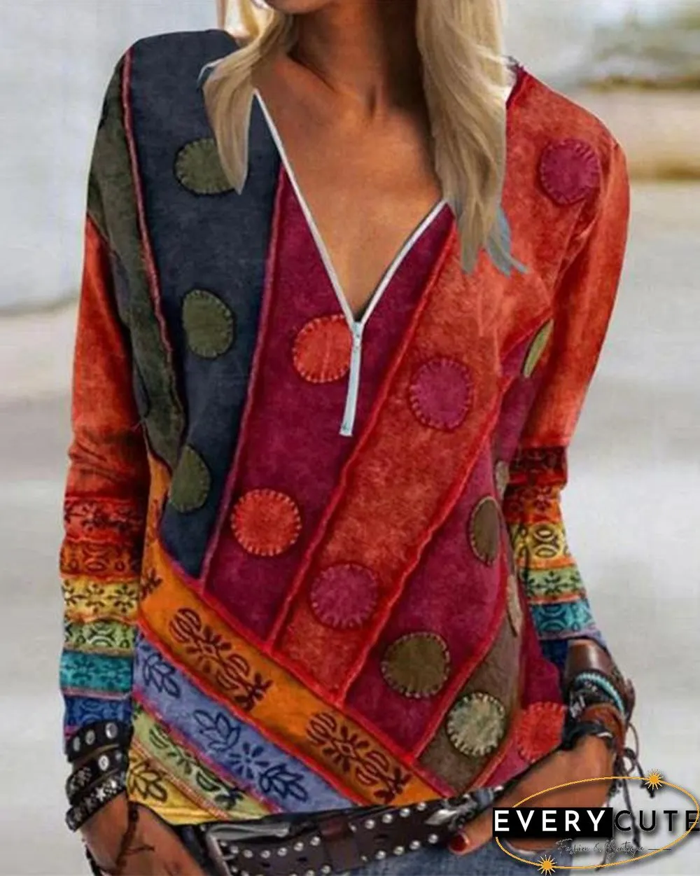 V Neck Abstract Long Sleeve Shift Shirts & Tops