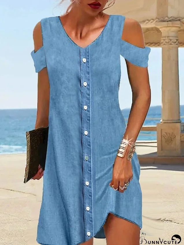Casual Dress Denim Shirt Dress Mini Dress Denim Fashion Basic Outdoor Daily V Neck Hollow Out Button Short Sleeve Summer Spring Regular Fit Blue Plain S M L XL 2XL for Women